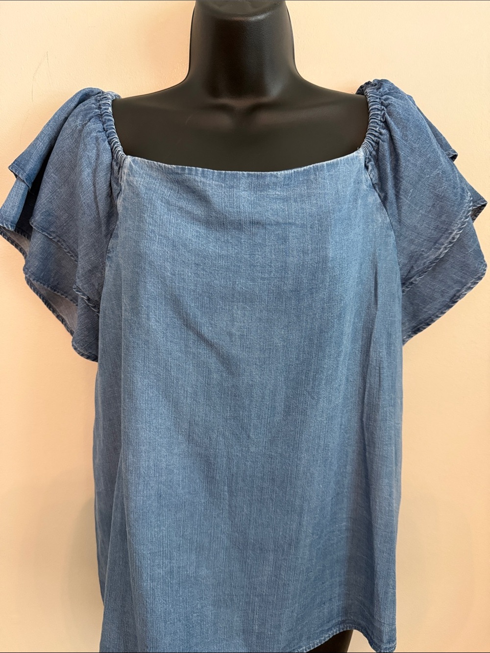 Catherine Malandrino square neck and distinctive denim-effect flutter sleeve top